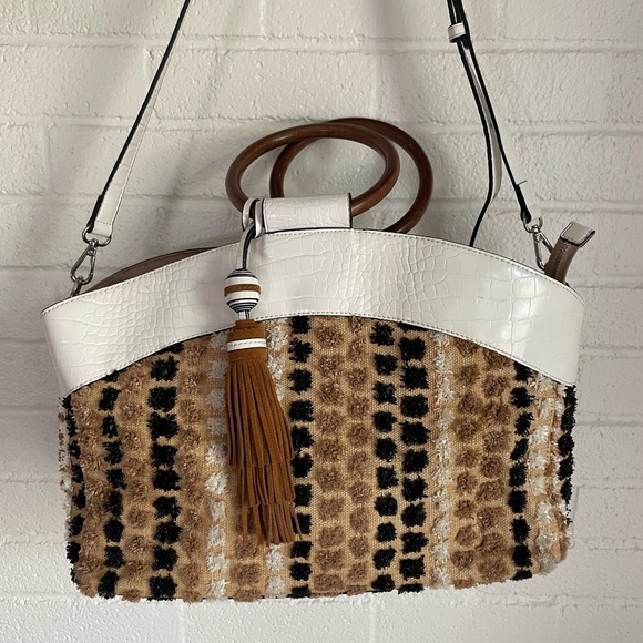 Sam Edelman Darcy Bag. Large carpet purse with bamboo handles & leather tassel - Picture 6 of 8